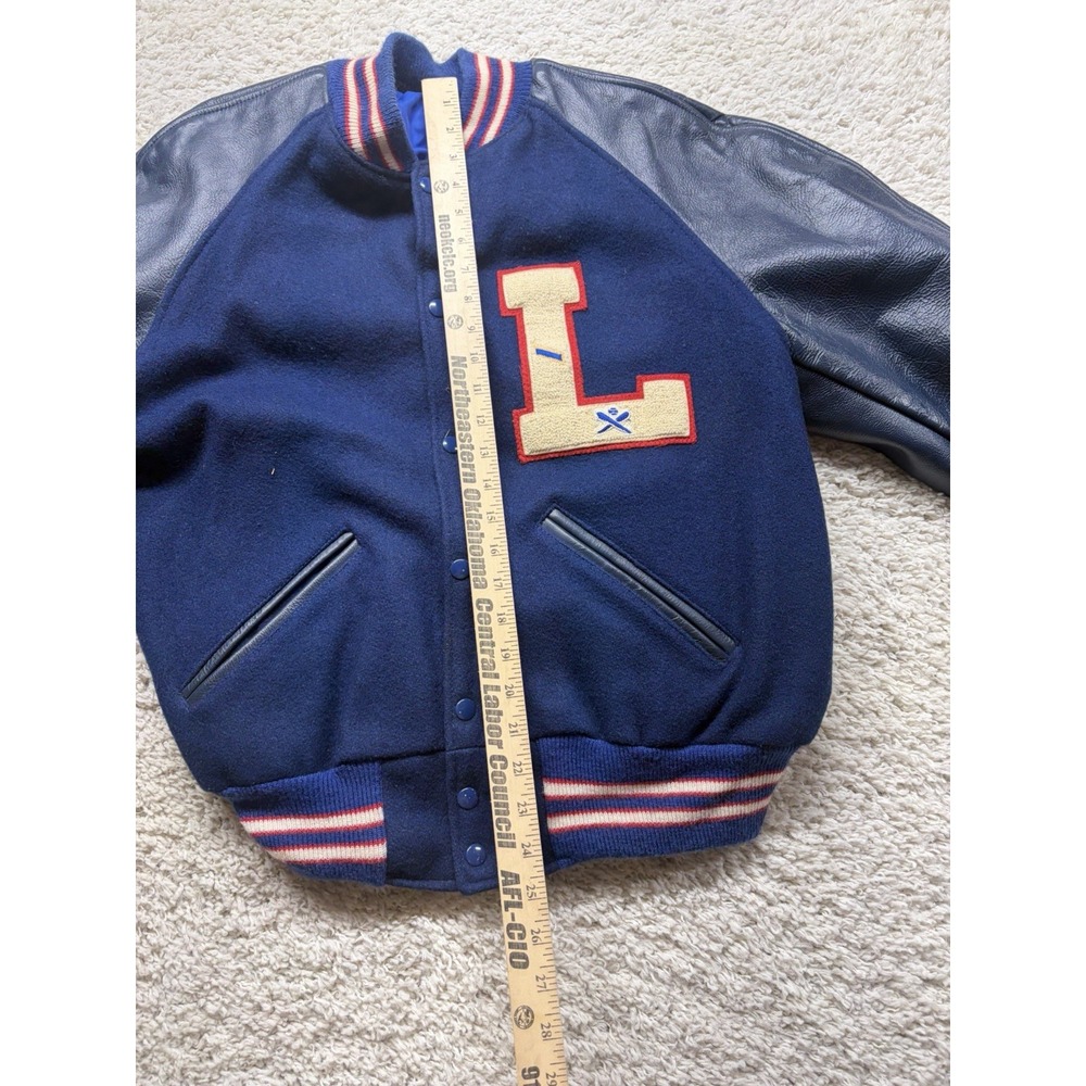 Vintage Letterman Tigers Liberty Navy Blue Wool Leather Jacket Men's Large - Picture 5 of 9